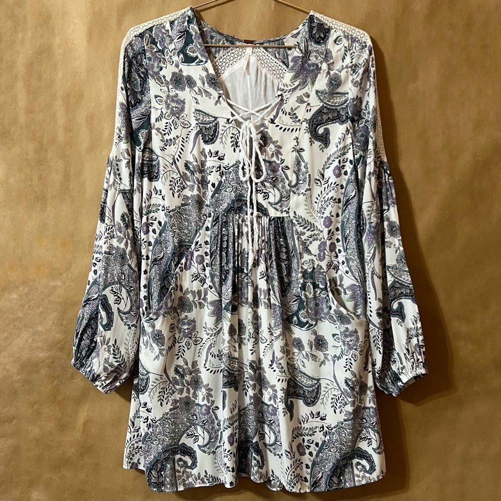 Free People | Rain Or Shine Lace Up Mini Dress Popover Floral Paisley Size XS